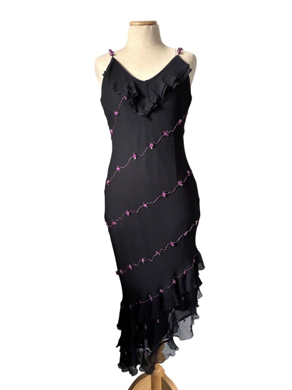 Y2K ECI New York Women's Sz 4 Black Dress Purple Floral Embroidery Ruffled Hem
